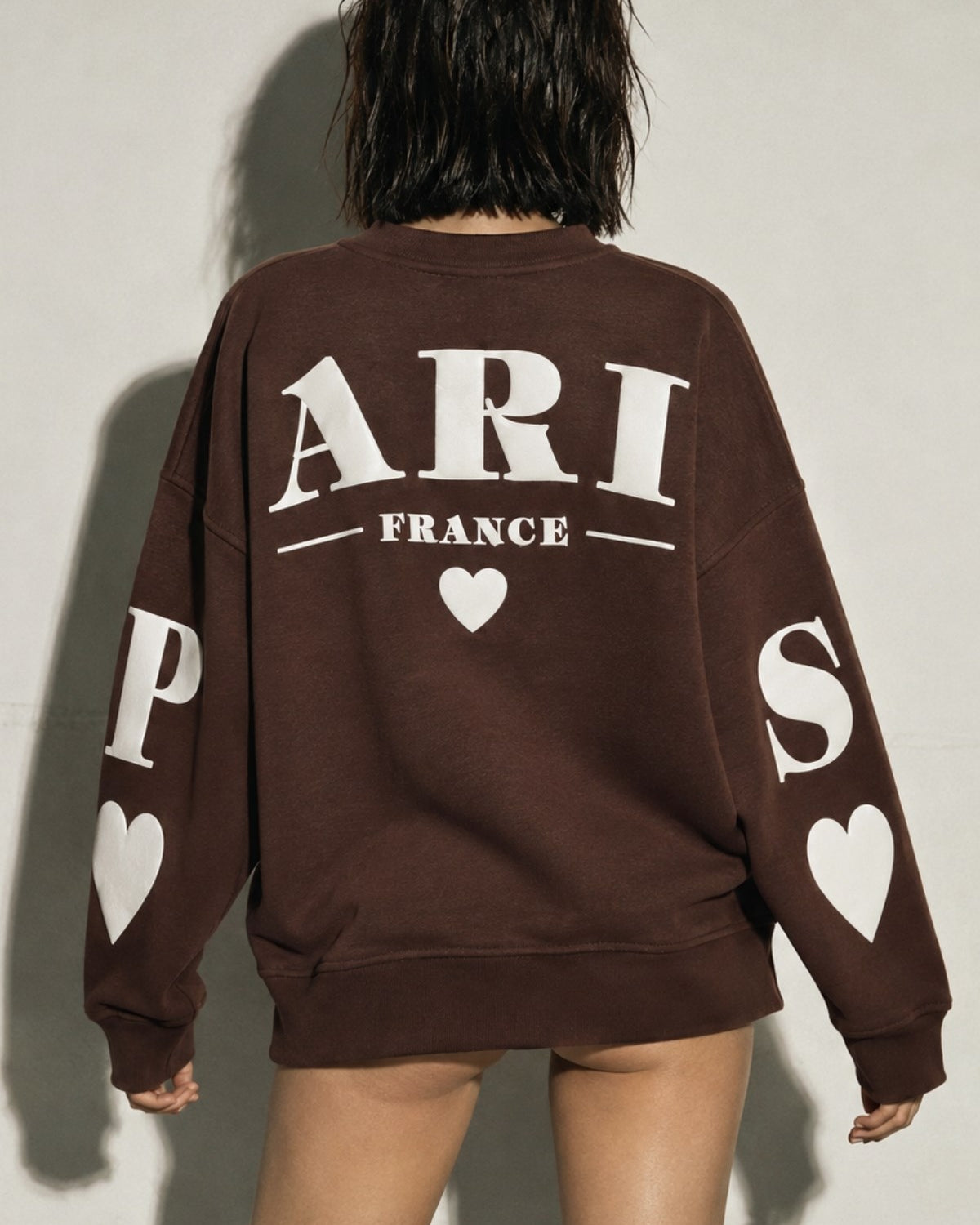 Kadın Oversize Sweatshirt Paris 3D Baskılı Kahverengi – Bisiklet Yaka, Kol ve Sırt Baskılı, 3 İplik