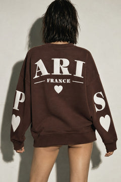 Kadın Oversize Sweatshirt Paris 3D Baskılı Kahverengi – Bisiklet Yaka, Kol ve Sırt Baskılı, 3 İplik