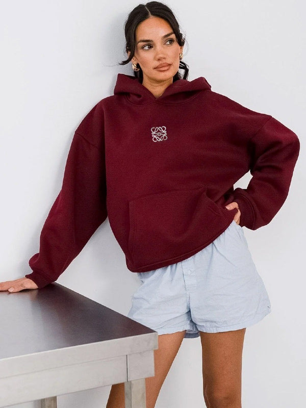 Bordo Unisex Yüksek Baskılı Kapüşonlu Kanguru Cepli Oversize Hoodie