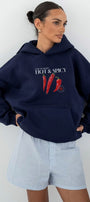 Kadın Oversize Sweatshirt Hoodie Hot & Spicy Baskılı Lacivert – Kapüşonlu, 3 İplik Şardonlu Polar