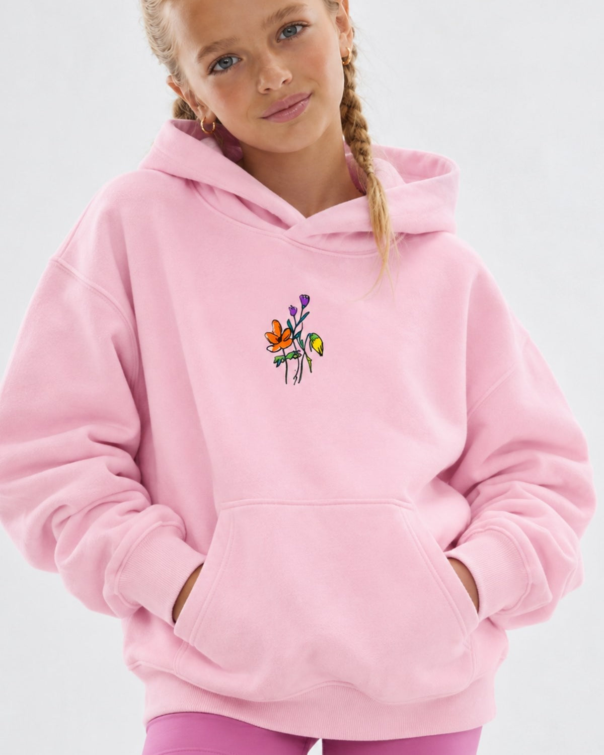 Kız Çocuk Oversize Hoodie Sweatshirt Flower Heaven Baskılı Pembe – Kapüşonlu, Cepli, 3 İplik Polar  
