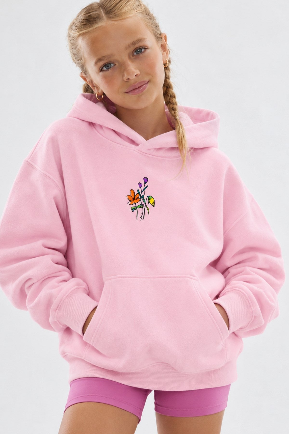 Kız Çocuk Oversize Hoodie Sweatshirt Flower Heaven Baskılı Pembe – Kapüşonlu, Cepli, 3 İplik Polar  