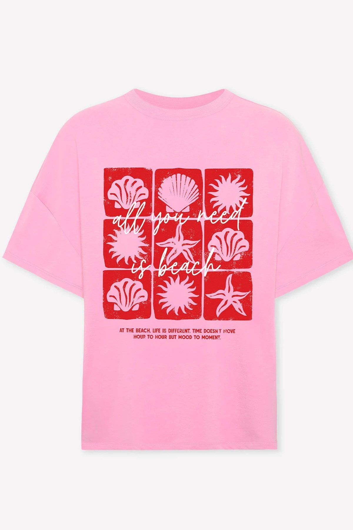 Kadın Oversize Tişört All You Need Is Beach Baskılı Pembe – %100 Pamuk Compact Süprem 24/1
