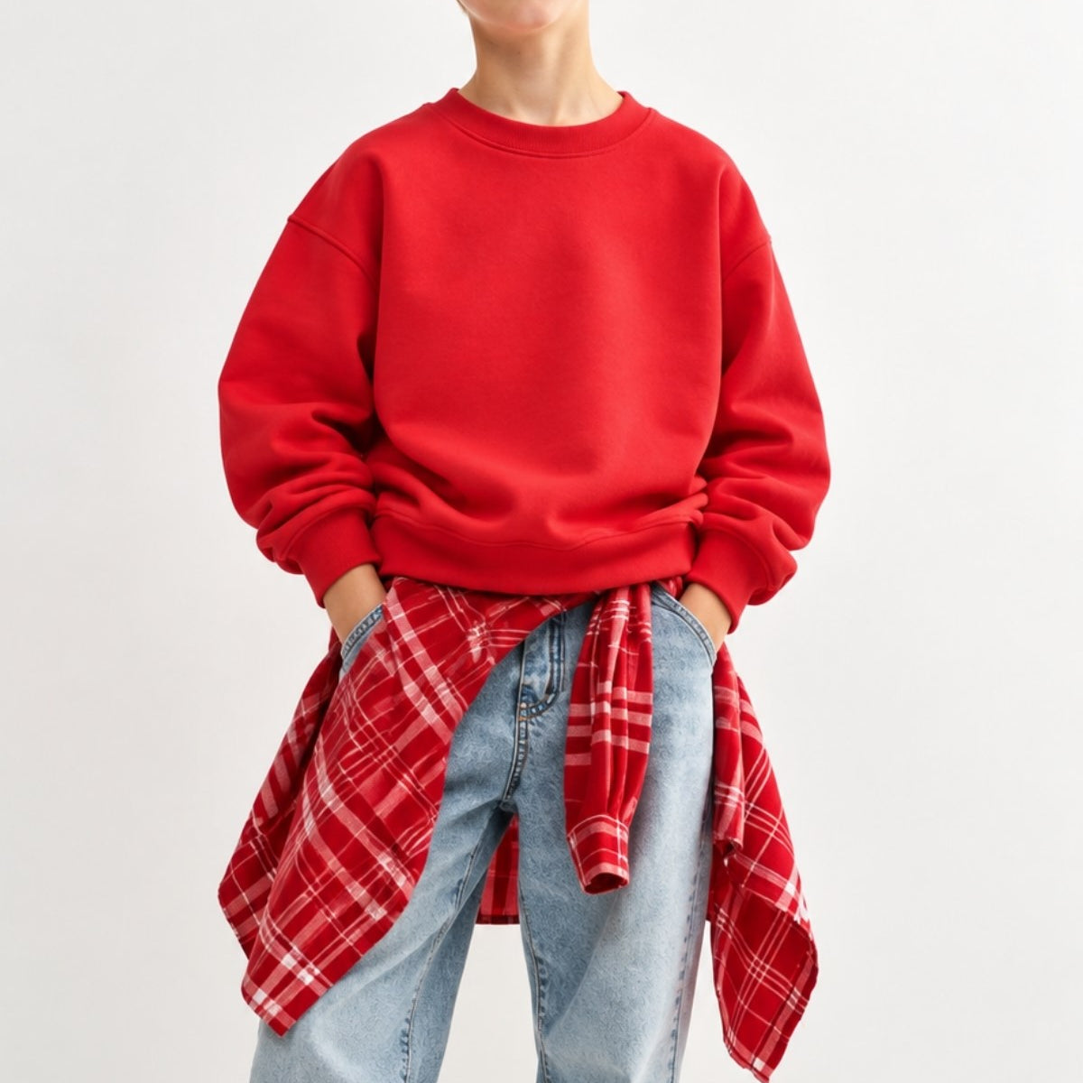 Erkek Çocuk Oversize Sweatshirt Basic Kırmzı – Bisiklet yaka, 3 iplik şardonlu polar