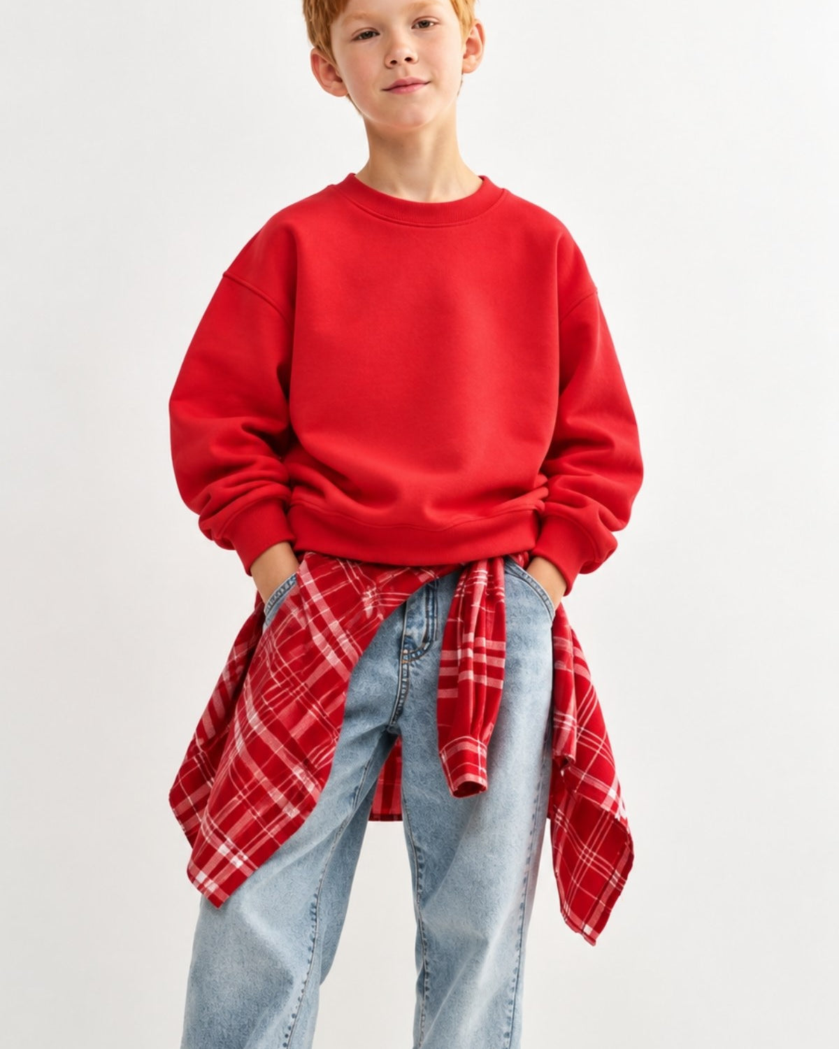 Erkek Çocuk Oversize Sweatshirt Basic Kırmzı – Bisiklet yaka, 3 iplik şardonlu polar