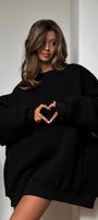 Kadın Oversize Sweatshirt Elbise Basic Siyah – Bisiklet Yaka, 3 İplik Şardonlu Polar