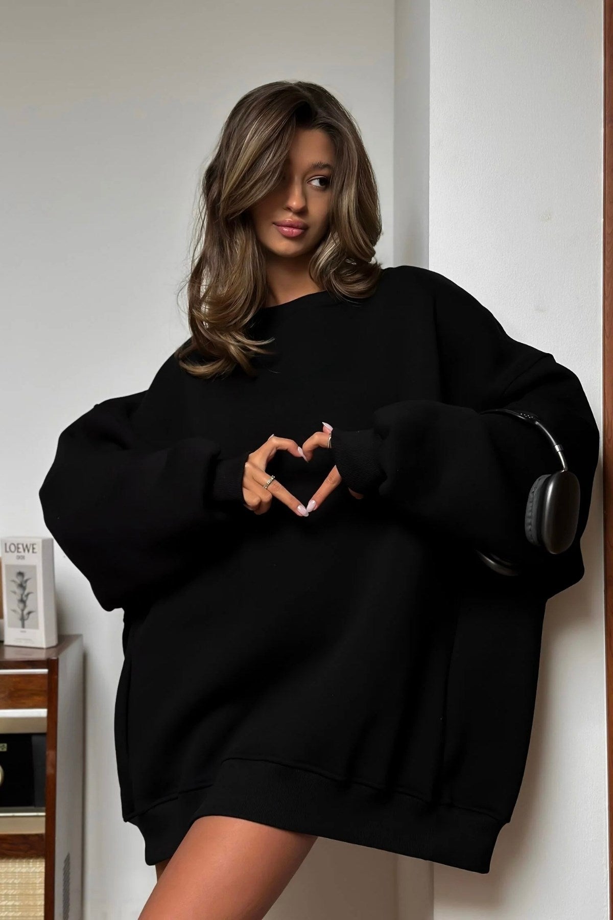 Kadın Oversize Sweatshirt Elbise Basic Siyah – Bisiklet Yaka, 3 İplik Şardonlu Polar