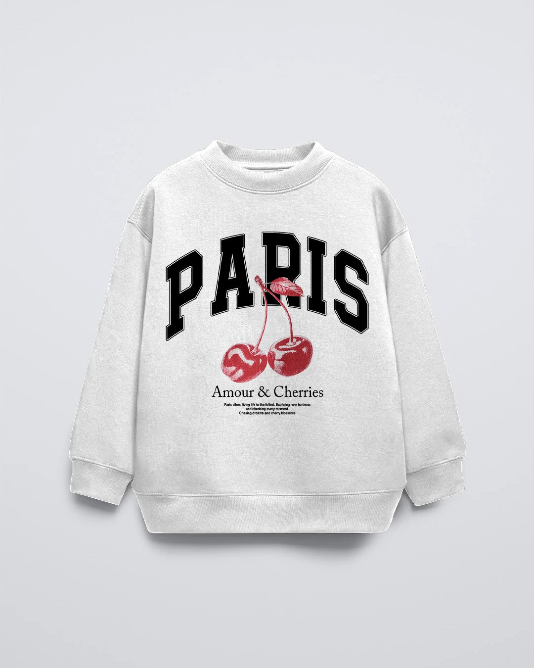 Beyaz Bisiklet Yaka Paris Yazılı Cherries Baskılı Oversize Çocuk Sweatshirt