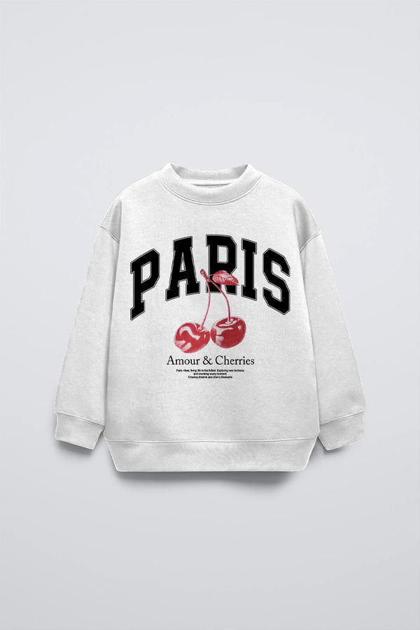 Beyaz Bisiklet Yaka Paris Yazılı Cherries Baskılı Oversize Çocuk Sweatshirt