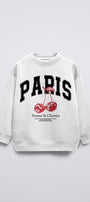 Beyaz Bisiklet Yaka Paris Yazılı Cherries Baskılı Oversize Çocuk Sweatshirt