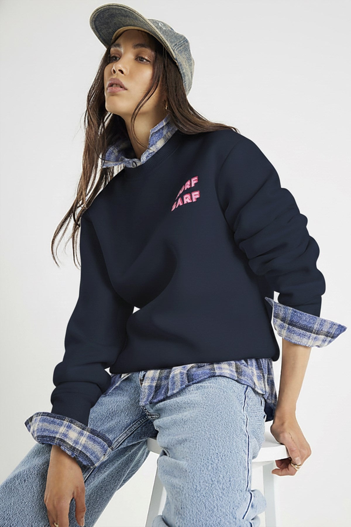 Unisex Oversize Sweatshirt Norf Sarf Harita Baskılı Lacivert – Bisiklet Yaka, 3 İplik Şardonlu Polar