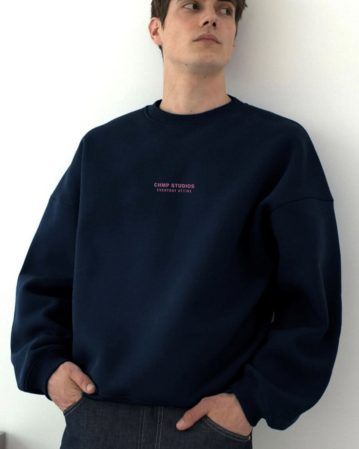 Erkek Oversize Sweatshirt CHMP STUDIOS Lacivert – Bisiklet Yaka, 3 İplik Şardounlu Polar