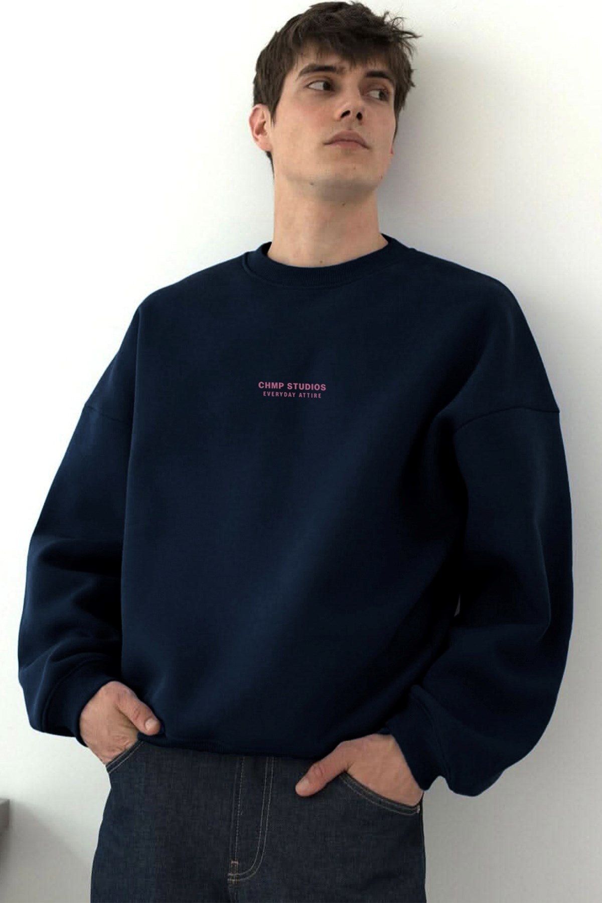 Erkek Oversize Sweatshirt CHMP STUDIOS Lacivert – Bisiklet Yaka, 3 İplik Şardounlu Polar