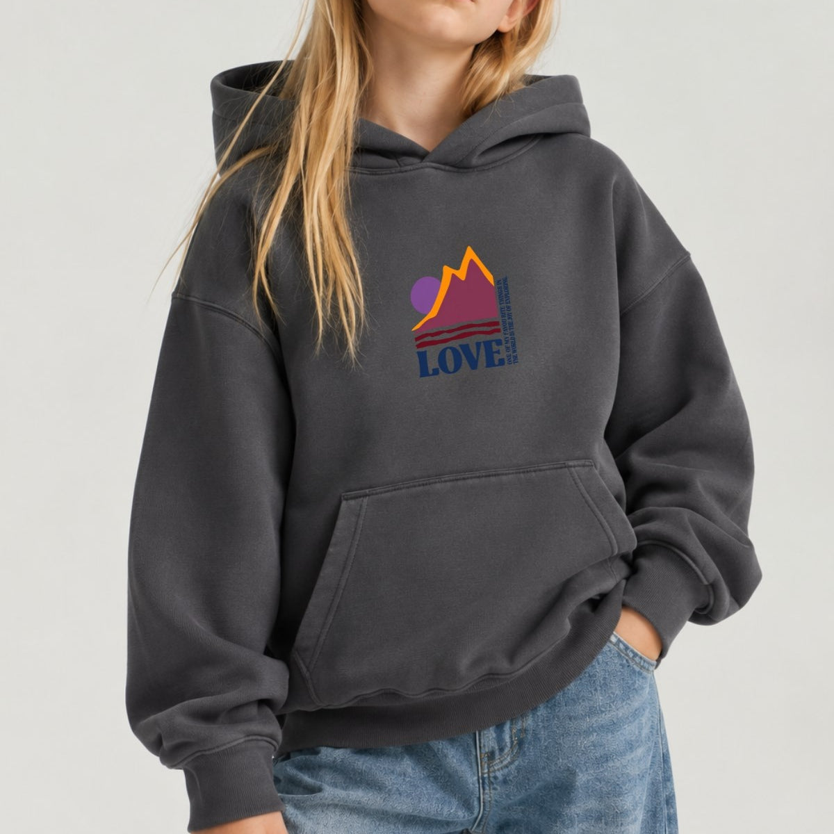 Kız Çocuk Oversize Hoodie Love Mount Baskılı Füme – Kapüşonlu, Cepli, 3 İplik Polar