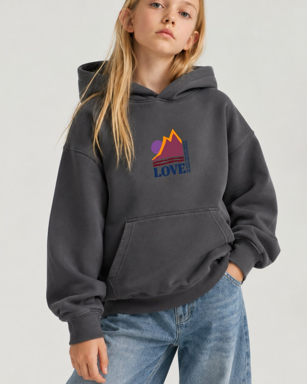 Kız Çocuk Oversize Hoodie Love Mount Baskılı Füme – Kapüşonlu, Cepli, 3 İplik Polar