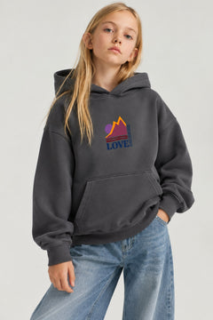 Kız Çocuk Oversize Hoodie Love Mount Baskılı Füme – Kapüşonlu, Cepli, 3 İplik Polar