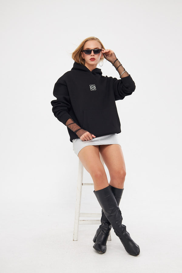 Kapüşonlu İçi Polar Taş Baskılı Siyah Oversize Hoodie Sweatshirt