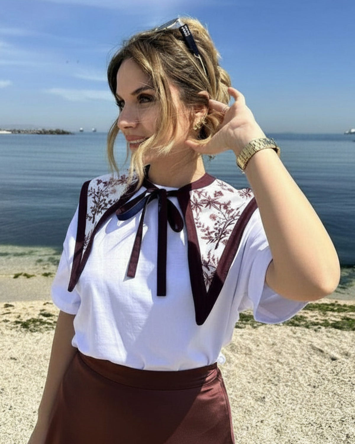Kadın Marin Duo Desenli Şal Yaka Aksesuar – Bağlamalı, Bordo Beyaz