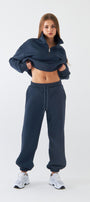 Unisex Oversize Sweatshirt Basic Marine – Yarım Fermuar Dik Yaka, 3 İplik Şardonlu Polar
