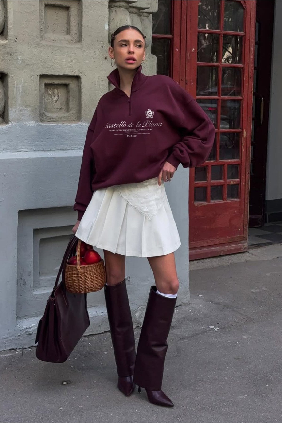 Kadın Oversize Sweatshirt Castelló de la Plana Baskılı Bordo – Yarım Fermuarlı, 3 İplik Polar