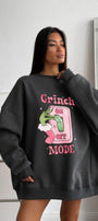 Kadın Oversize Sweatshirt Elbise Grinch Mode Baskılı Füme Melanj – Bisiklet Yaka, 3 İplik Polar