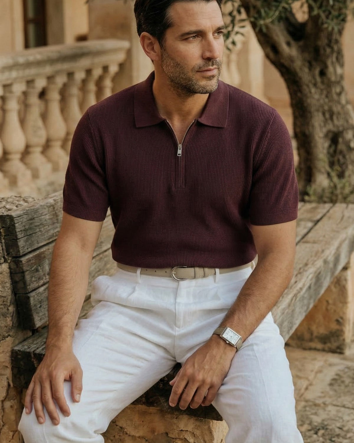 Erkek Dokulu Fitilli Triko Tişört Bordo - Polo Yaka, Yarım Fermuar, Fit, Yazlık, Örme 