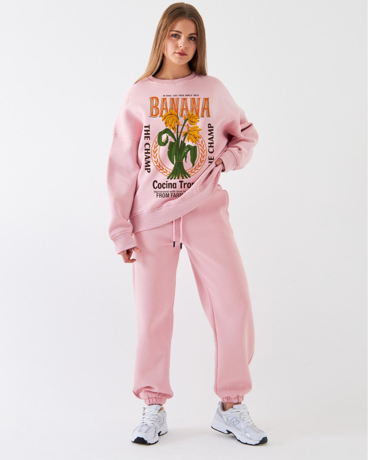 Kadın Oversize Sweatshirt Banana Tropical Baskılı Pembe – Bisiklet Yaka, 3 İplik Şardonlu Polar