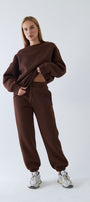 Unisex Oversize Eşofman Takımı Basic Kahverengi – Bisiklet Yaka, Lastikli Paça, 3 İplik Polar