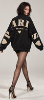 Kadın Oversize Sweatshirt Paris 3D Baskılı Siyah – Bisiklet Yaka, Kol ve Sırt Baskılı, 3 İplik