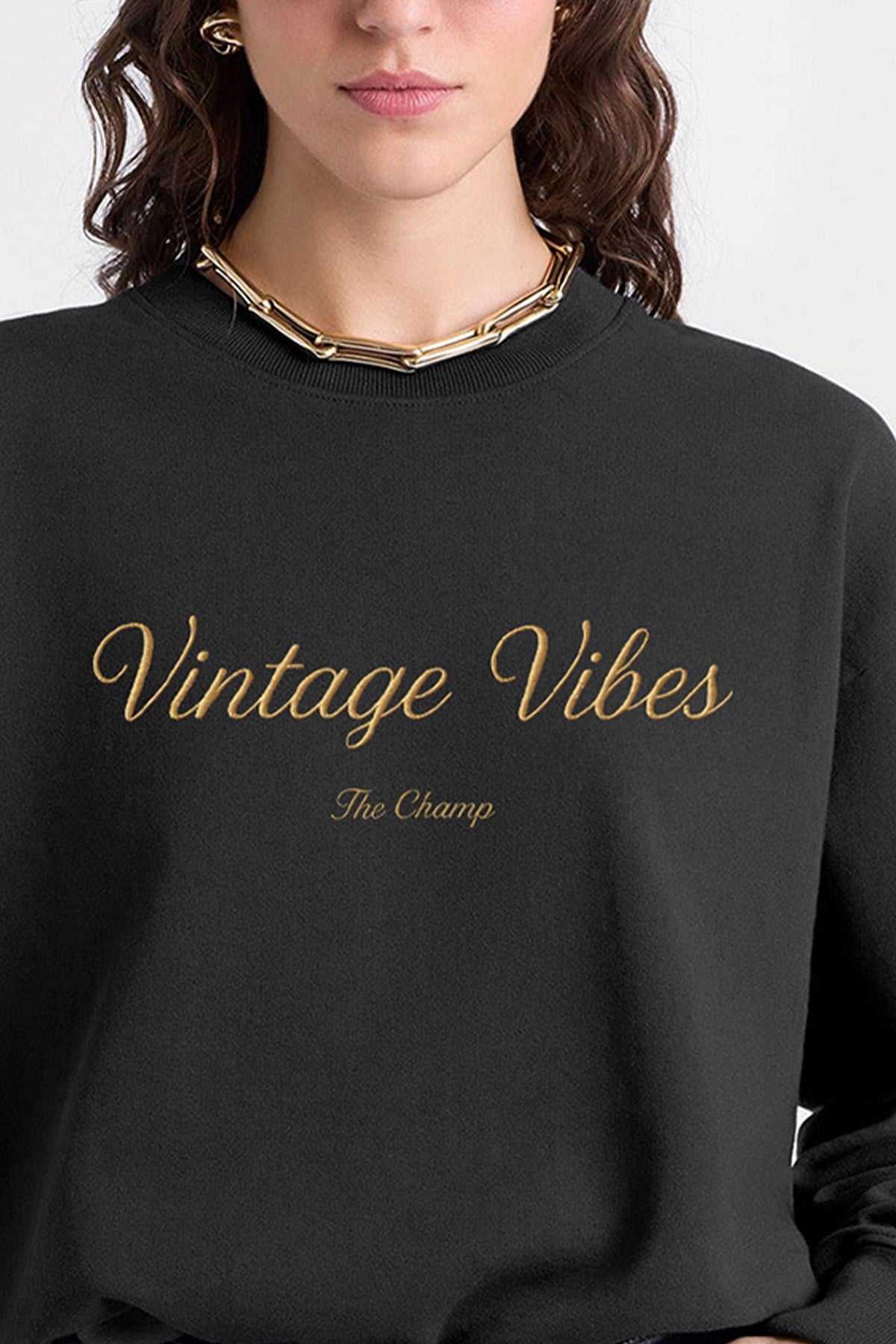 Kadın Oversize Sweatshirt Vintage Vibes Baskılı Füme Konsept – Bisiklet Yaka, 3 İplik Şardonlu Polar