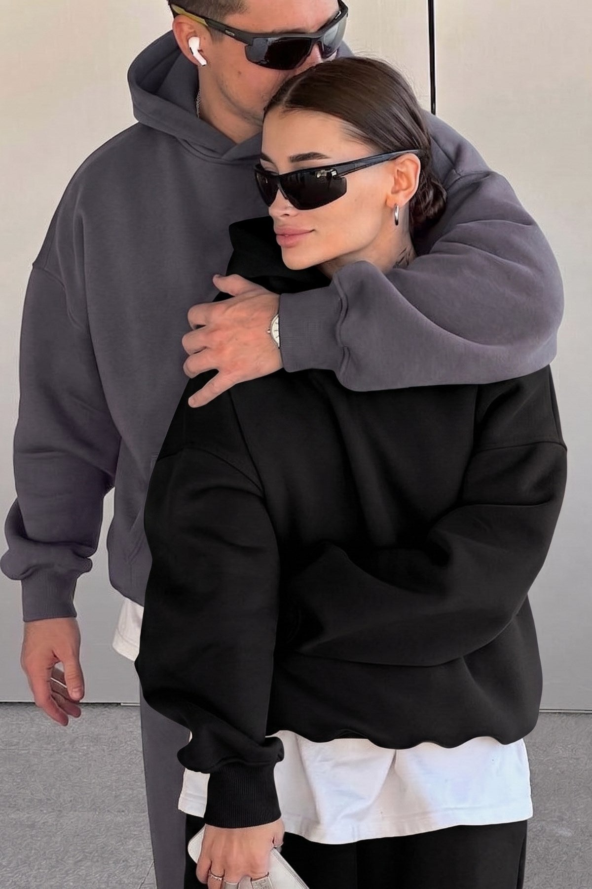 Unisex 2’li Oversize Basic Hoodie Siyah & Füme – Kapüşonlu, Cepli, 3 İplik Şardonlu Polar