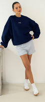 Kadın Oversize Sweatshirt AMORE Lacivert – Bisiklet Yaka, 3 İplik Şardounlu Polar