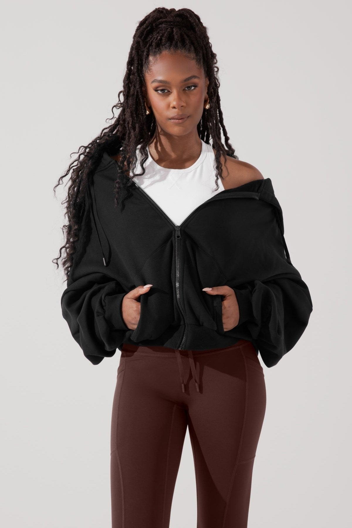 Kadın Siyah Kapüşonlu Ceket Sweatshirt Fermuarlı 3 İplik Şardonlu Oversize Kesim