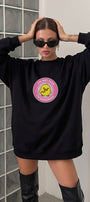 Kadın Oversize Sweatshirt Elbise Dangerous Chick Baskılı Siyah – Uzun Boy, 3 İplik Şardonlu Polar