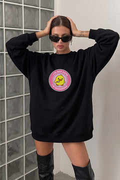 Kadın Oversize Sweatshirt Elbise Dangerous Chick Baskılı Siyah – Uzun Boy, 3 İplik Şardonlu Polar