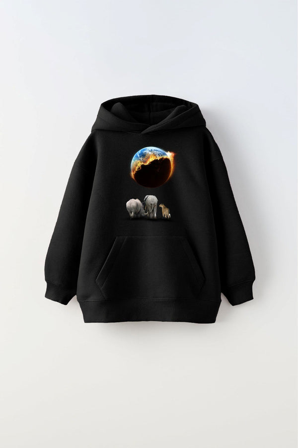 Siyah Kapüşonlu İçi Polar Burning World And Animals Baskılı Unisex Çocuk Sweatshirt