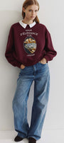 Kadın Oversize Sweatshirt Perles d’Élégance Baskılı Bordo – Bisiklet Yaka, 3 İplik Şardonlu Polar