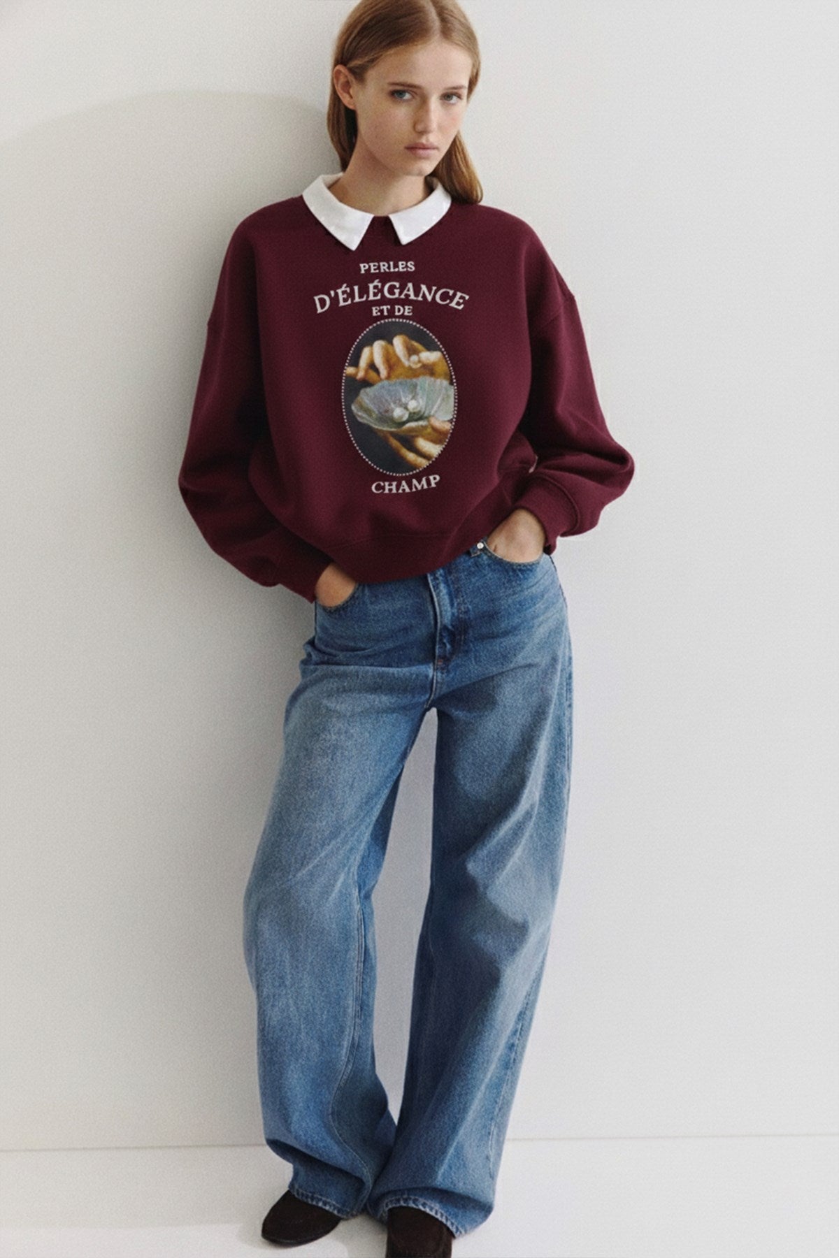 Kadın Oversize Sweatshirt Perles d’Élégance Baskılı Bordo – Bisiklet Yaka, 3 İplik Şardonlu Polar
