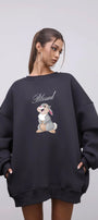 Kadın Oversize Sweatshirt Elbise Blessed Bunny Baskılı Füme – Bisiklet Yaka, 3 İplik Şardonlu Polar
