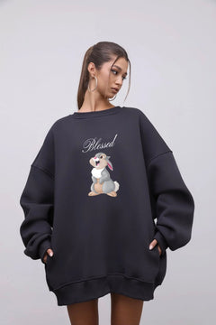 Kadın Oversize Sweatshirt Elbise Blessed Bunny Baskılı Füme – Bisiklet Yaka, 3 İplik Şardonlu Polar