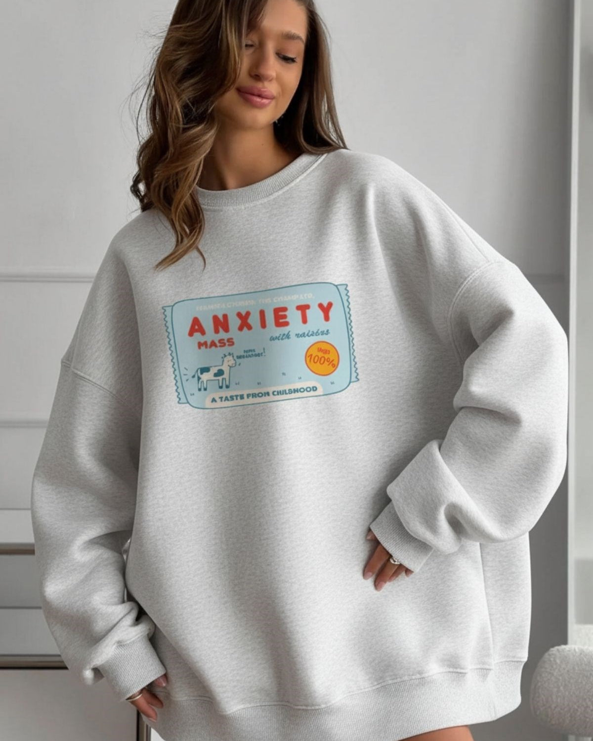 Kadın Oversize Sweatshirt Elbise Anxiety Bar Baskılı Gri Melanj– Bisiklet Yaka, 3 İplik Polar