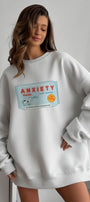 Kadın Oversize Sweatshirt Elbise Anxiety Bar Baskılı Gri Melanj– Bisiklet Yaka, 3 İplik Polar