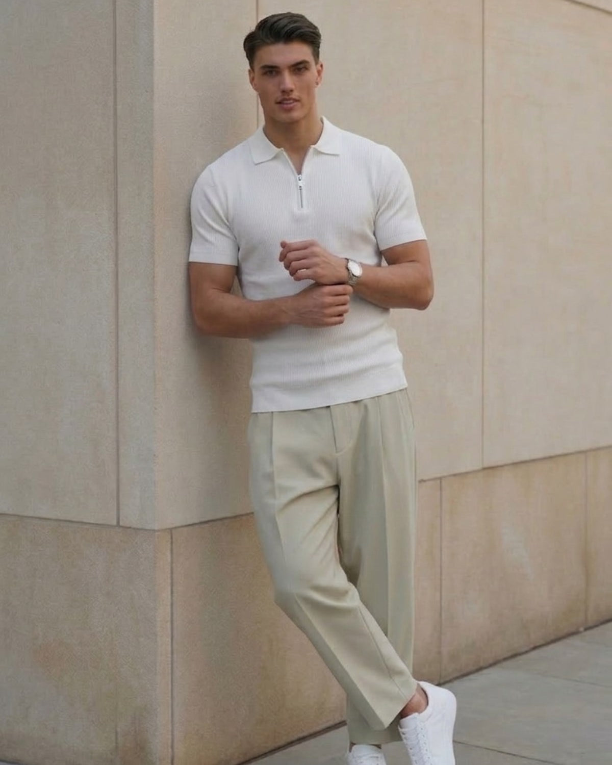 Erkek Dokulu Fitilli Triko Tişört Beyaz - Polo Yaka, Yarım Fermuar, Fit, Yazlık, Örme 