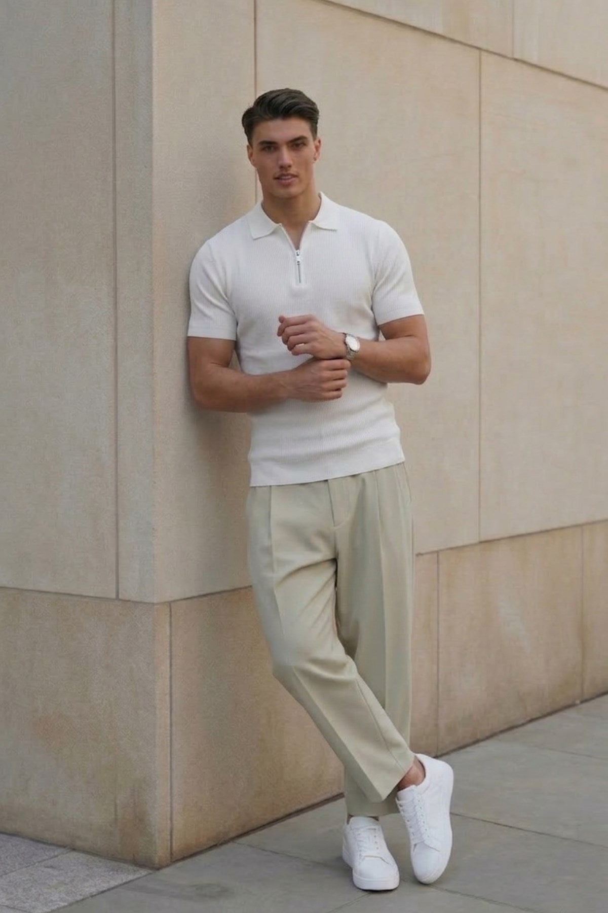 Erkek Dokulu Fitilli Triko Tişört Beyaz - Polo Yaka, Yarım Fermuar, Fit, Yazlık, Örme 