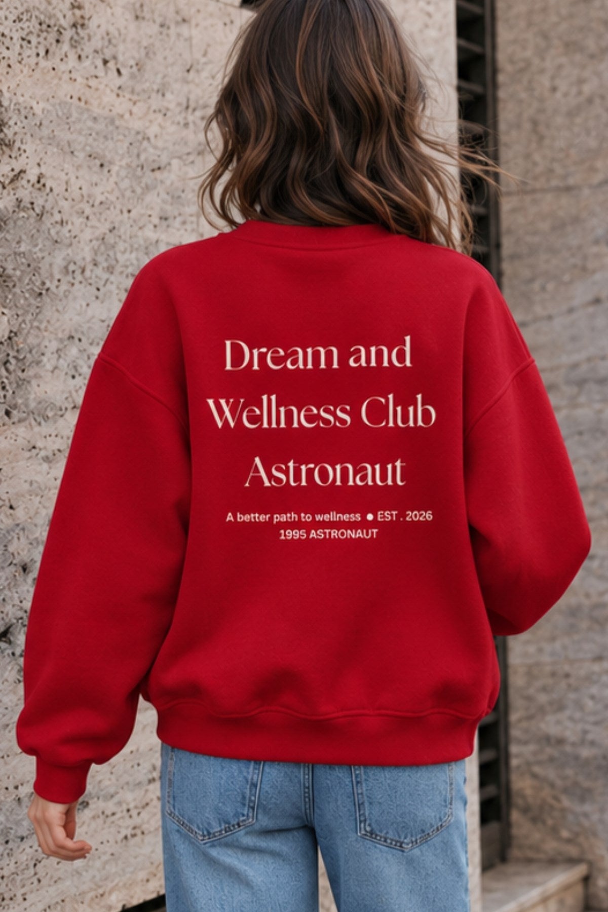 Kadın Oversize Sweatshirt Wellness Baskılı Kırmızı – Bisiklet Yaka, 3 İplik Şardonlu Polar