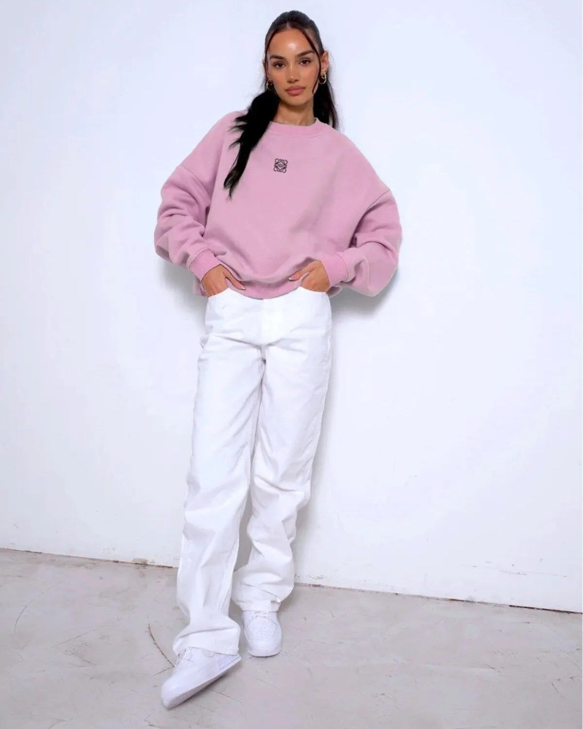 Pembe Unisex Loewe Yüksek Baskı Bisiklet Yaka Oversize Sweatshirt