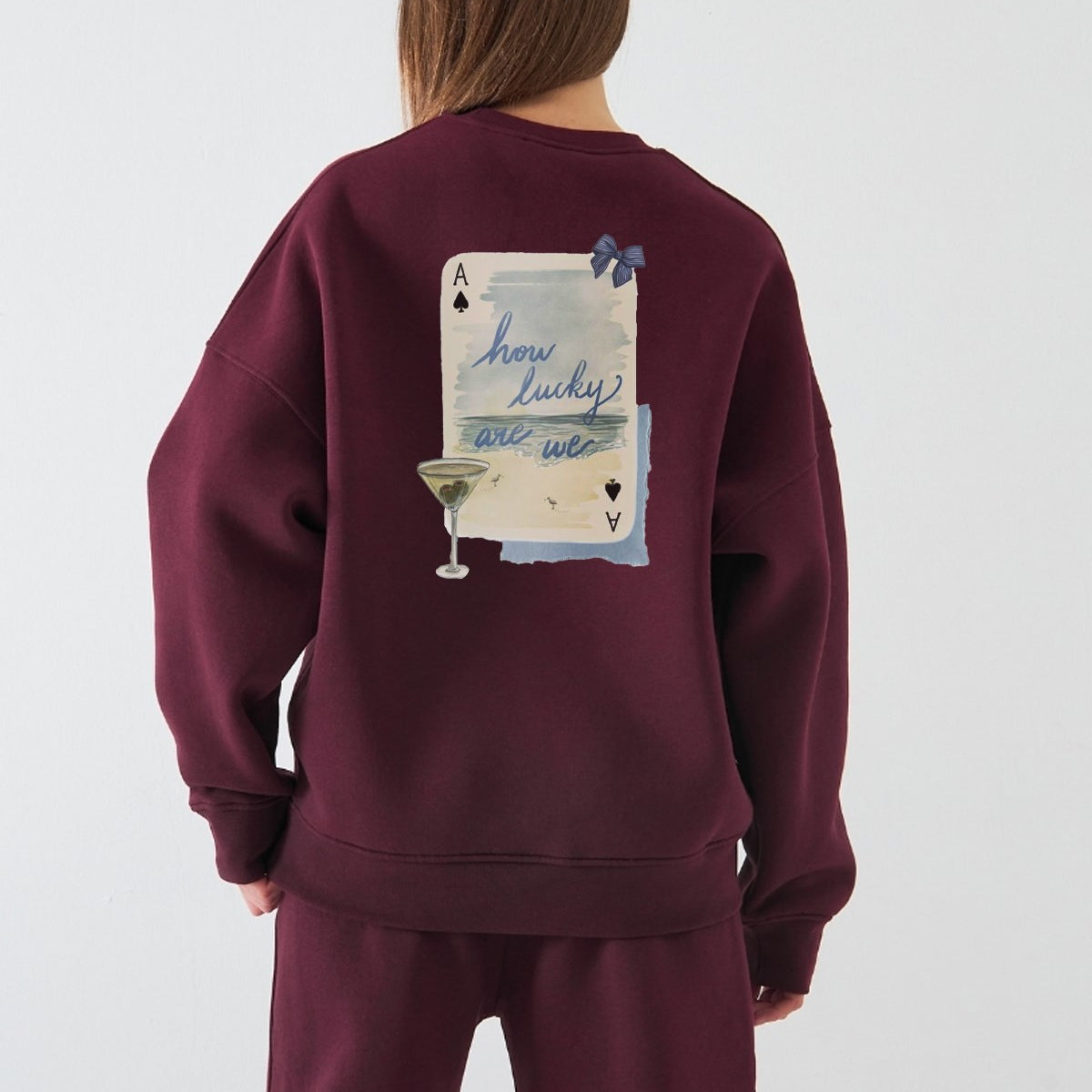 Kadın Oversize Sweatshirt How Lucky Are We Baskılı Bordo – Bisiklet Yaka, 3 İplik Şardonlu Polar