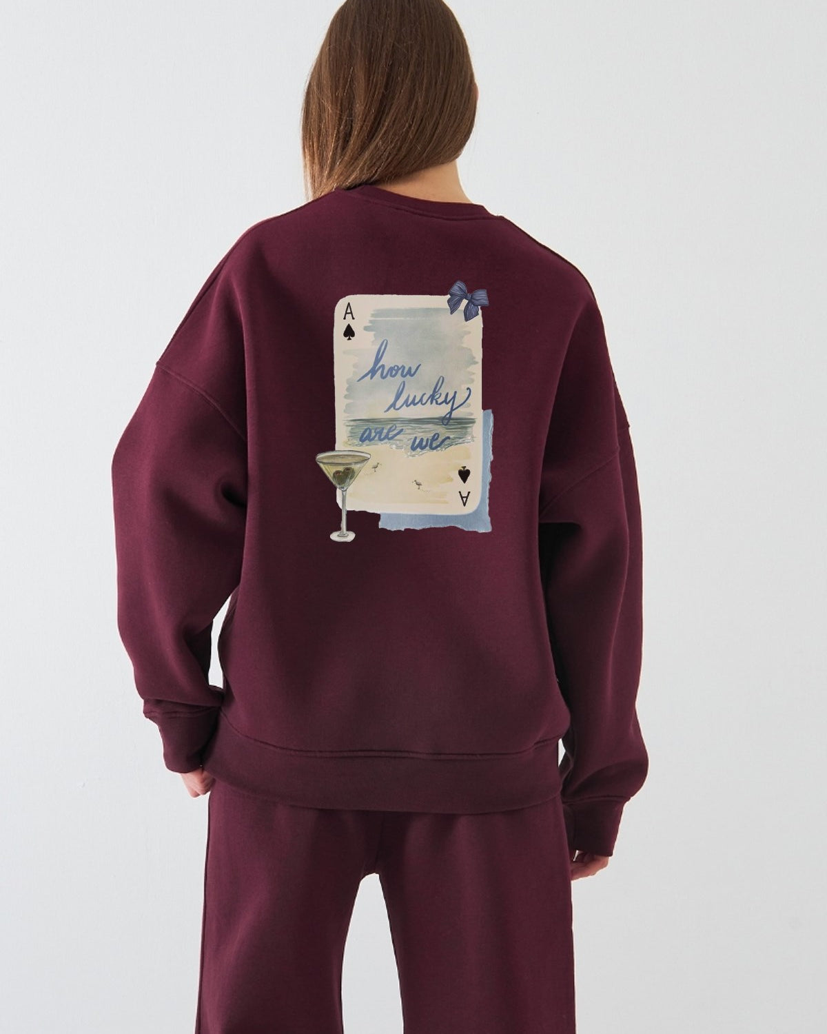 Kadın Oversize Sweatshirt How Lucky Are We Baskılı Bordo – Bisiklet Yaka, 3 İplik Şardonlu Polar