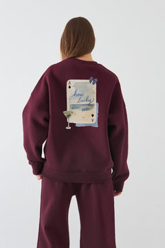 Kadın Oversize Sweatshirt How Lucky Are We Baskılı Bordo – Bisiklet Yaka, 3 İplik Şardonlu Polar