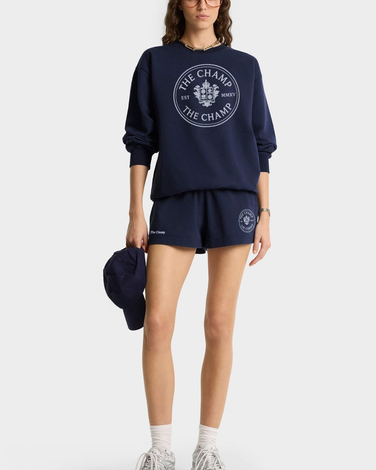 Kadın Lacivert The Champ Armalı İkili Takım Sweatshirt ve Cepli Şort Casual Spor Kombin